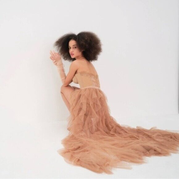NWT For Love & Lemons x REVOLVE Bustier Gown XL Warm Taupe Ruffle Tulle Lace - Picture 3 of 14